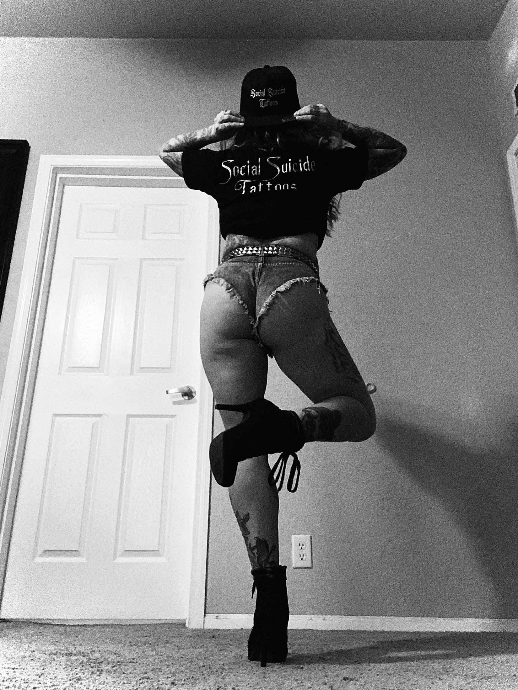 Black and white Social Suicide Tattoos shirt and hat brand photo