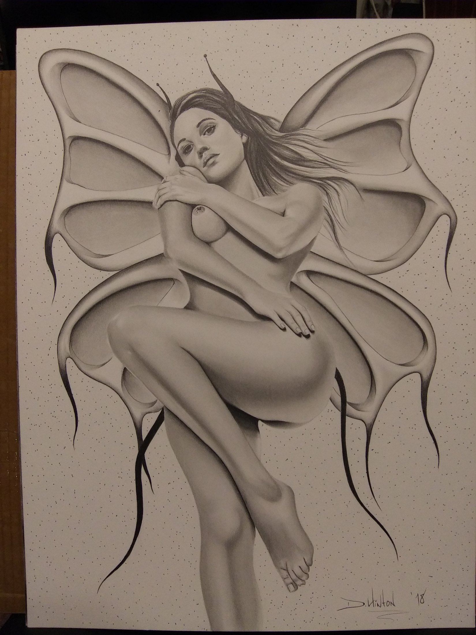 Graphite winged figure drawing by Don at Social Suicide Tattoos