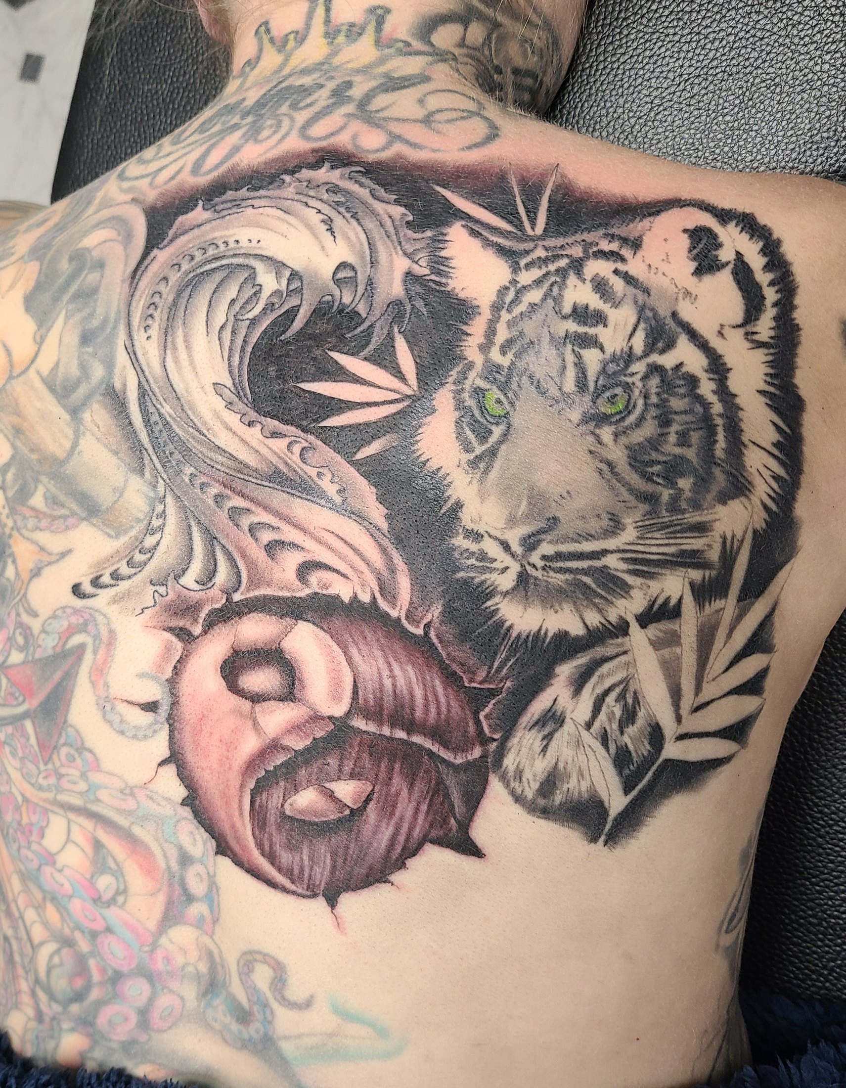Large black and grey tiger tattoo by Social Suicide Tattoos in Pahrump, Nevada