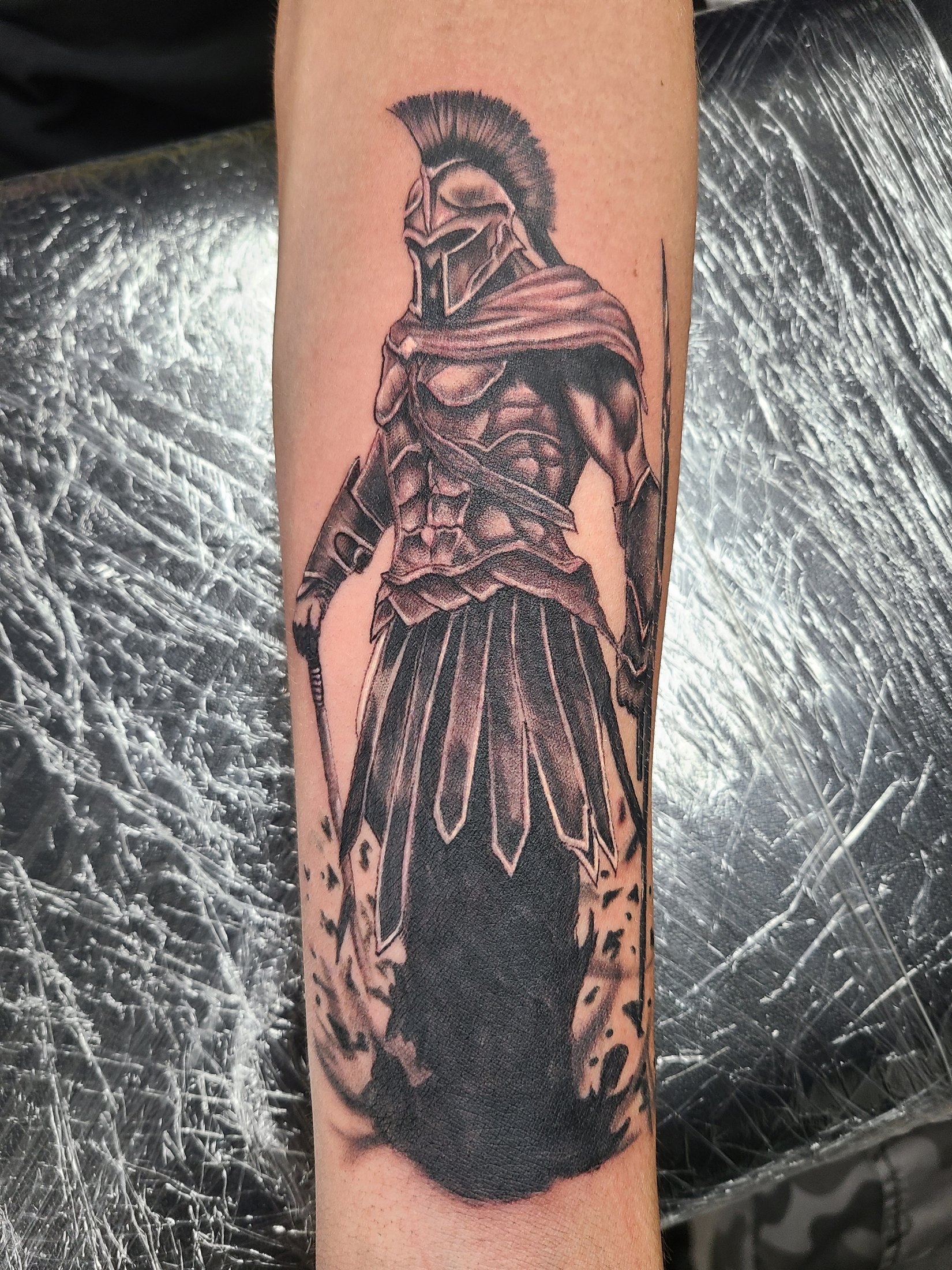 Black and grey warrior tattoo by Social Suicide Tattoos in Pahrump, Nevada