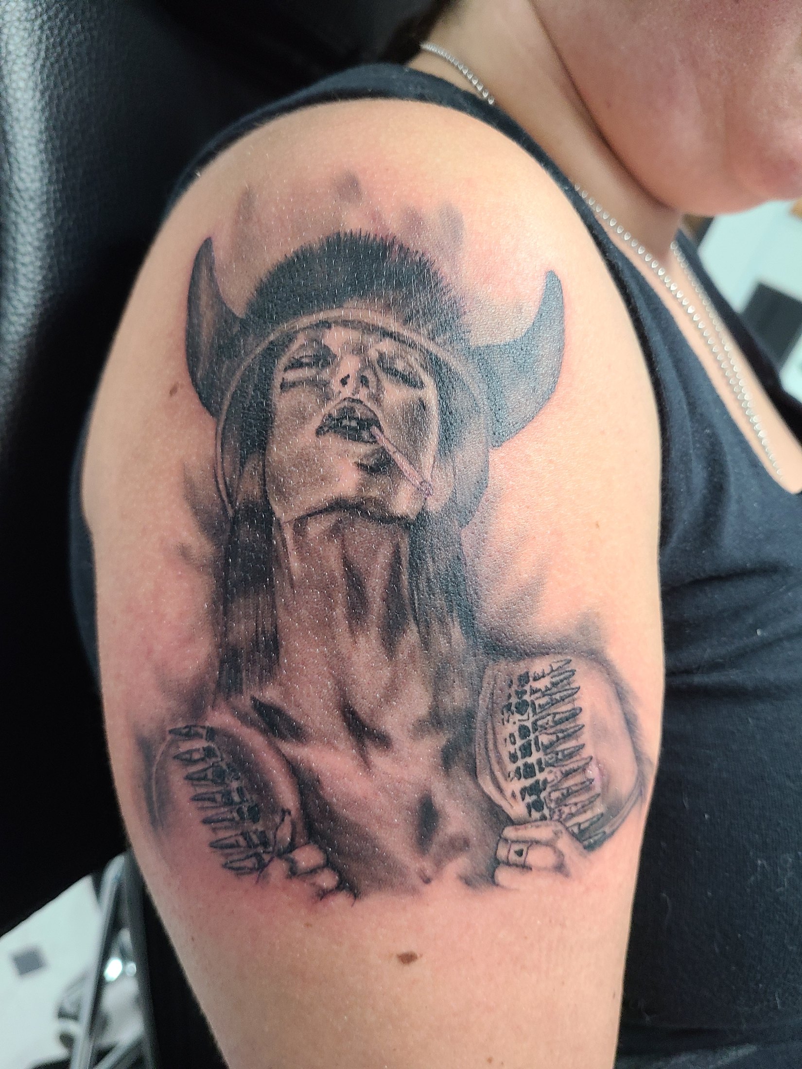 Black and grey cowboy skeleton tattoo by Social Suicide Tattoos in Pahrump, Nevada
